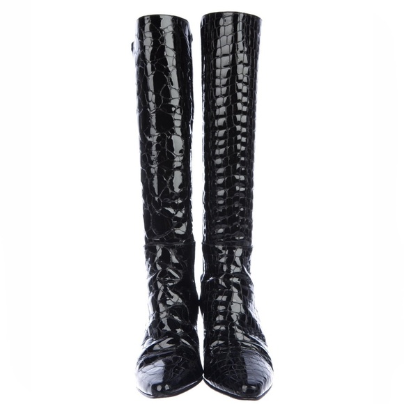 STUART WEITZMAN Croc Embossed 50/50 Ltd Edition Black Patent Leather Heel Boot 4 - Picture 6 of 16